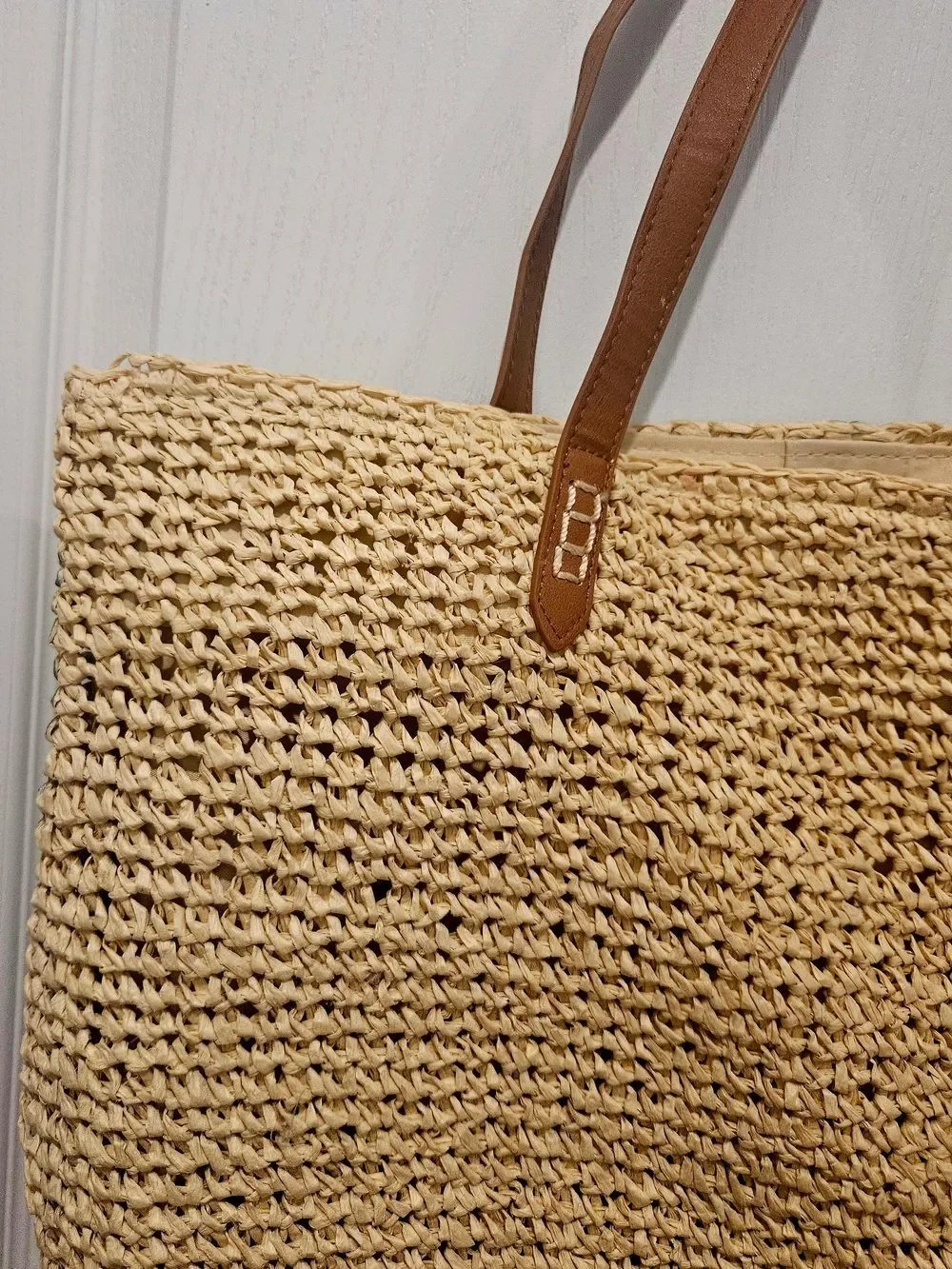 Macy's Woven Straw Tote with Green & Black Leaf Print and Brown Straps
